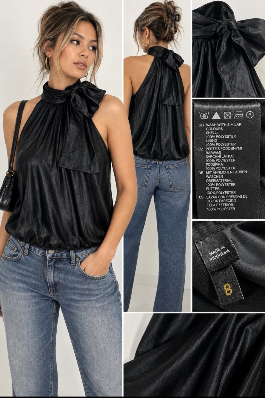 Y2K Indie 2000s Divided H&M Women's Halter Tie-Neck Top Size 8 Black Satin